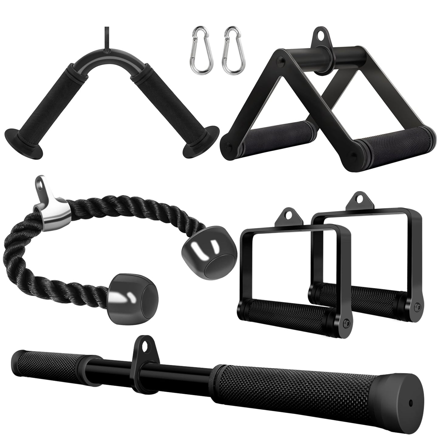 Cable Attachments for Gym Set Tricep Pull Down Rope and Double D Row Handle and V Bar and Rotating Straight Bar with 2pcs 304 Stainless Steel Carabiner