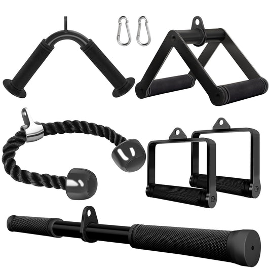 Cable Attachments for Gym Set Tricep Pull Down Rope and Double D Row Handle and V Bar and Rotating Straight Bar with 2pcs 304 Stainless Steel Carabiner