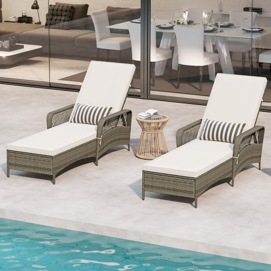 Toolsempire Wicker Chaise Lounge Chair Set of 2, Patio Rattan Recliner with 6-Position Adjustable Backrest, Soft Cushions, Removable Lumber Pillow & Armrests, Lounger Chair for Poolside & Backyard