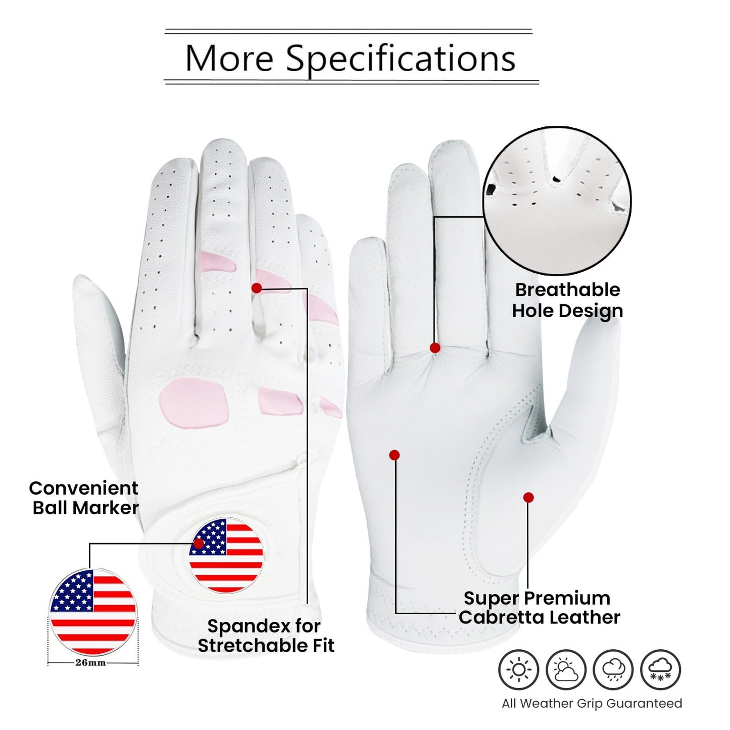 Amy Sport Women's Golf Gloves Left Hand Right with Ball Marker Value 2 Pack, All Weather Grip Rain Soft Leather Pink Size Small Medium Large XL (1 Pair, Small)