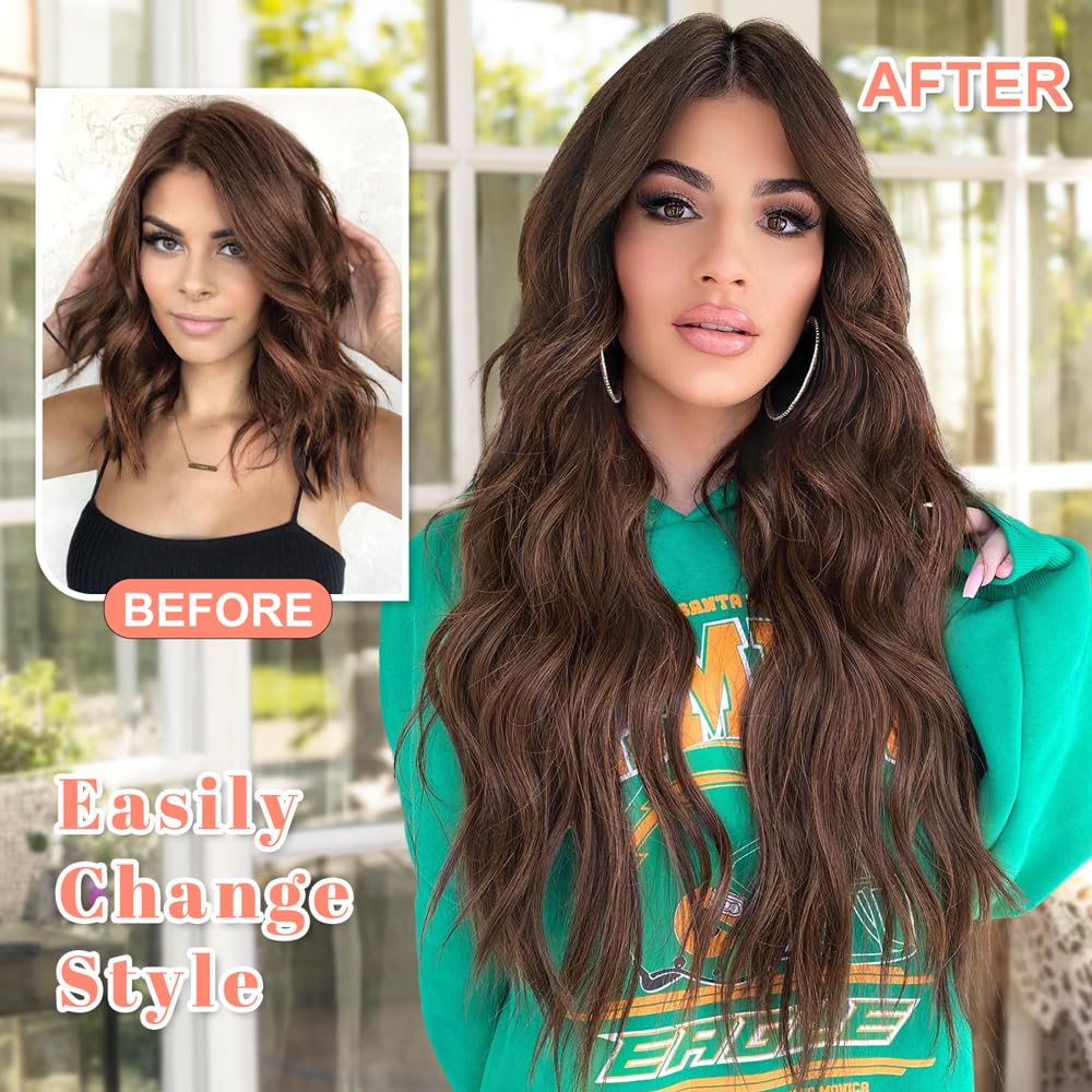 ALXNAN Clip in Hair Extensions for Women,Light Brown Long Wavy Hair Extensions Clip Ins 4PCS 20 Inch Synthetic Soft and Natural Thick Hair Pieces for Women