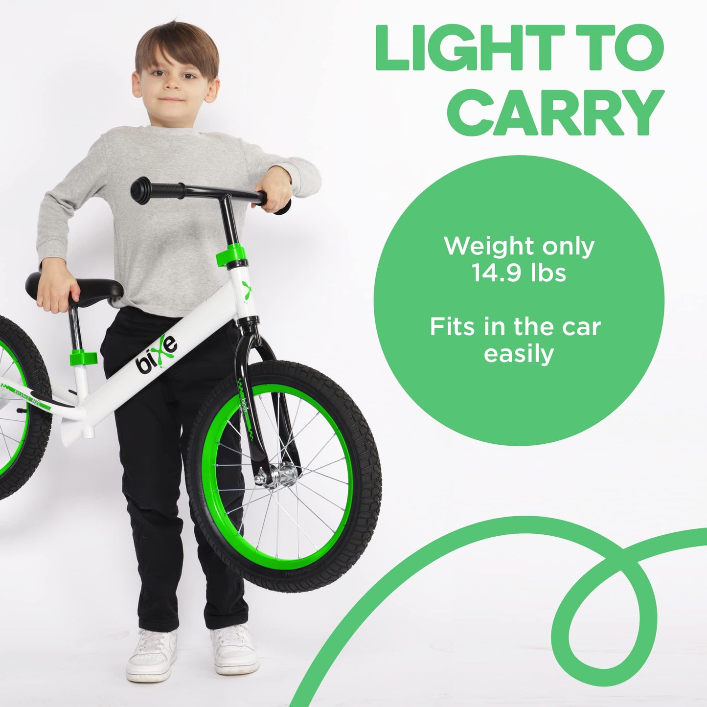 Bixe Balance Bike - 16" (40.6 cm) Big Kids' Training Bikes - Kids Balance Bike Designed for Children Ages 4 to 9 - No Pedal Push Bicycle for Boys or Girls - Green