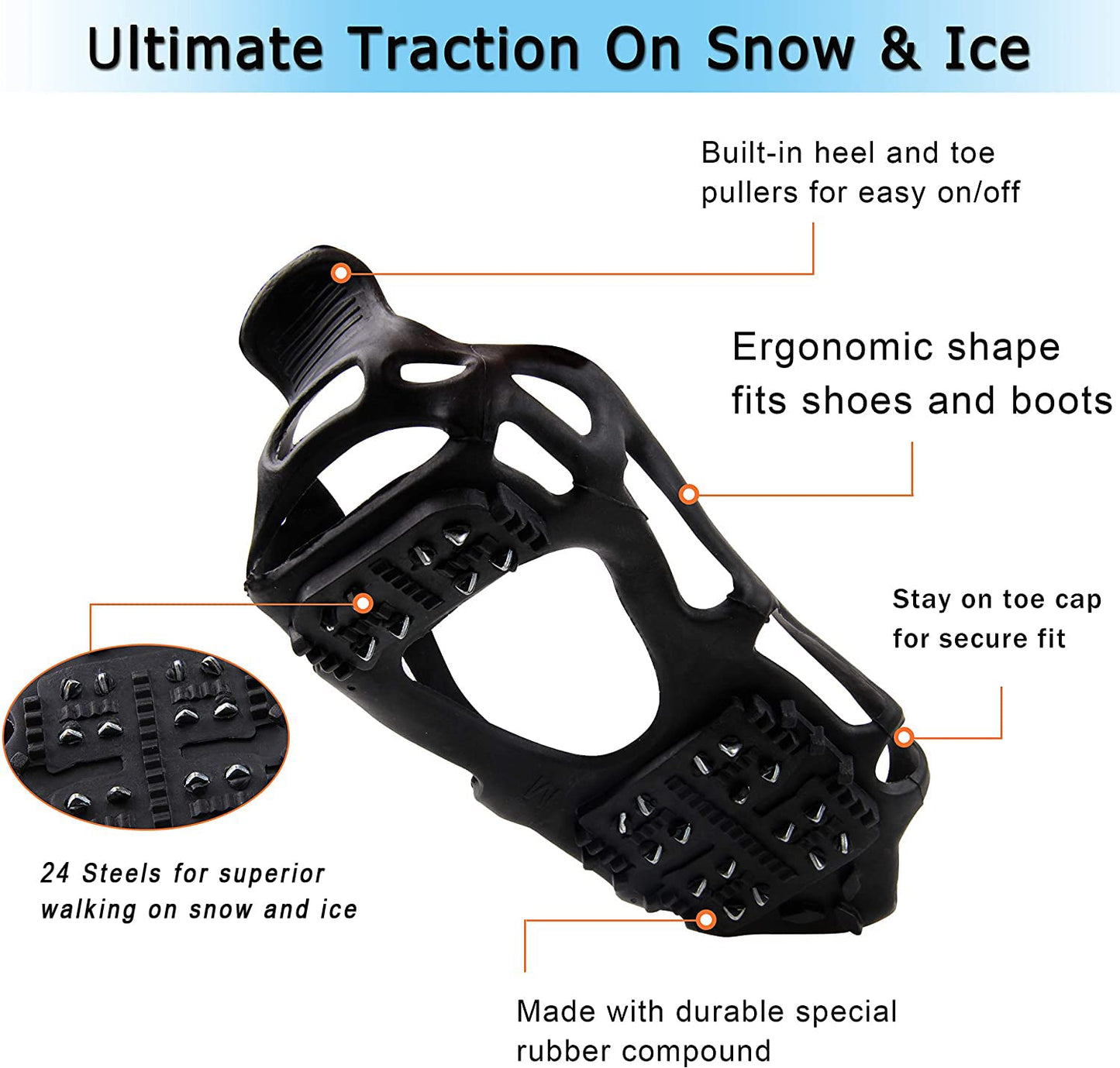 Ice Snow Traction Cleats Crampons Anti-Slip Snow Shoes Cleats Walking on Snow and Ice Winter Walking Boots Cleats for Men Women Hiking, Jogging (24 Steel Crampons,Szie L)