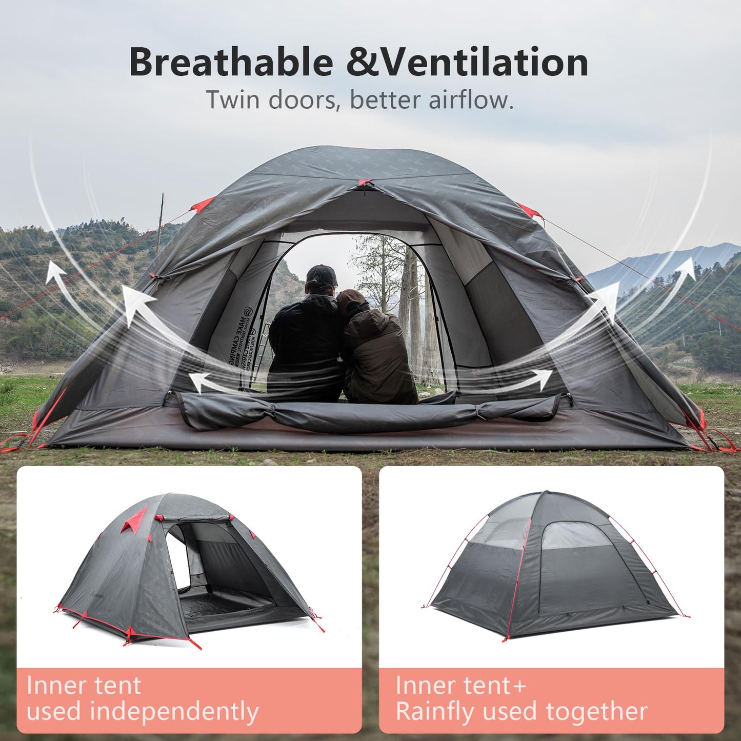 BISINNA Lightweight 3 Season Camping Tent for 2/2.5/3 Person, Waterproof UPF40+ Backpacking Tent with Double Layer Ventilation, Easy Setup for Family Camping, Hiking, Outdoor Adventures