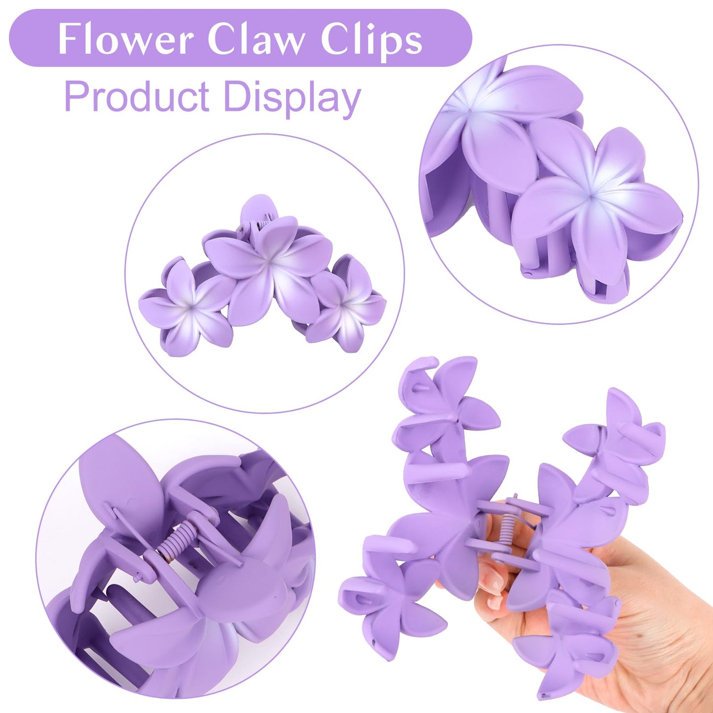 ANBALA Hair Clip, 4PCS Flower Design Plumeria Hair Clips, Large Non-Slip Strong Hold Claw Clips for Thick Hair, Beach Hair Accessories for Women Girls (Purple)
