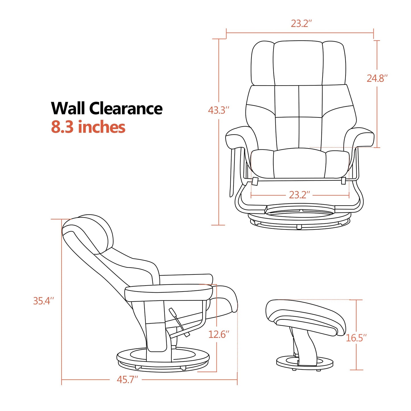 MCombo Manual Swivel Recliner with Ottoman, Reclining Chair with Vibration Massage for Small Spaces, Living Room, Office, Faux Leather 9068 (Grey)