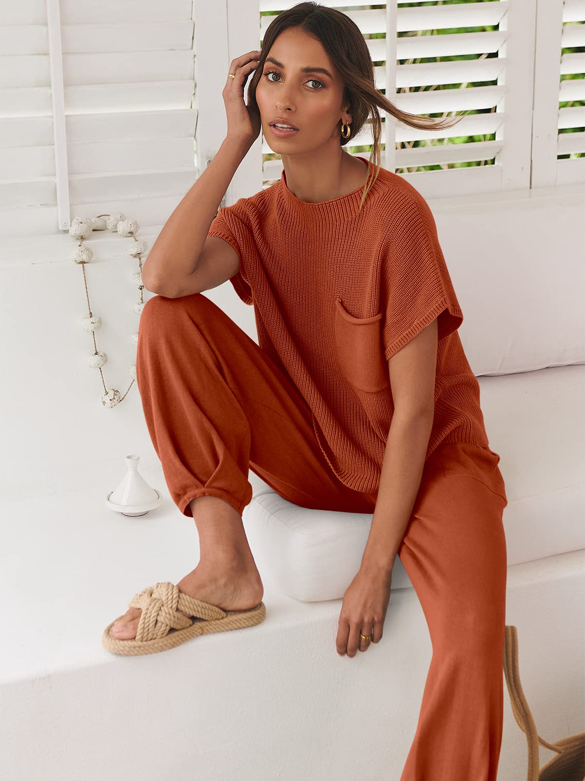 ANRABESS Women's Two Piece Outfits Knit Sweater Pullover Crop Top & Pants Lounge Matching Tracksuit Sweatsuit Sets 2024 Trendy Loungewear Clothes Rust Small