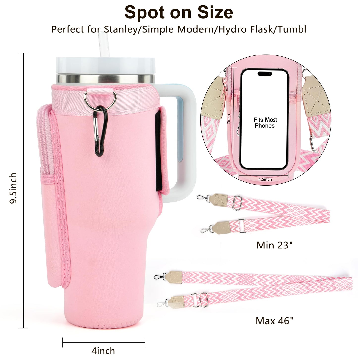 Initial Water Bottle Holder with Strap for Stanley 40 oz Tumbler, for Simple Modern 40 oz Tumbler, Graduation Gift with Phone Pocket, Carabiner, Personalized Gift for Stanley Cup Accessories Pink A