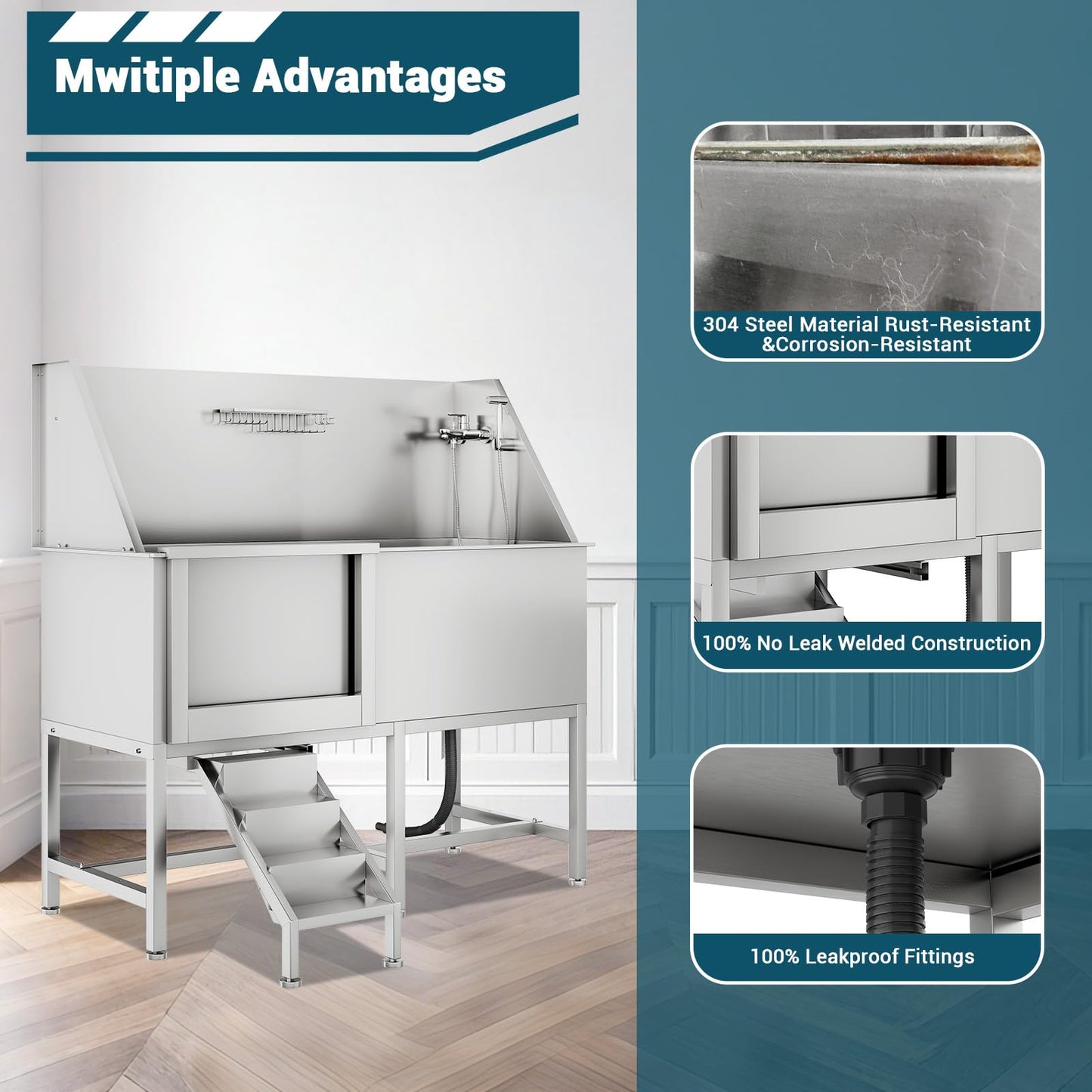 COOLYI 62'' Stainless Steel Dog Washing Station for Large Dogs, Heavy Duty Dog Grooming Bathtub with Bath Brush & Washing Gloves, Pet Bathtub for Dogs with Retractable Ramp