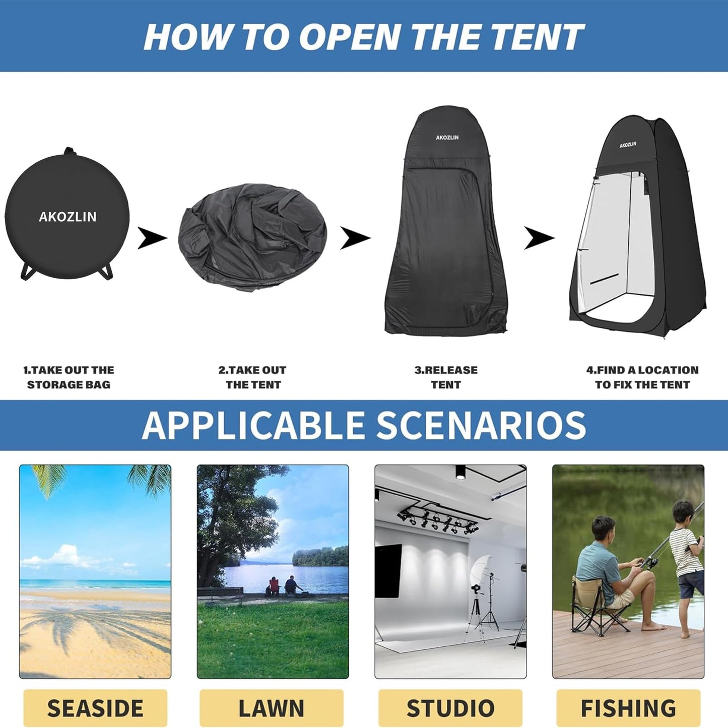 AKOZLIN Portable Pop Up Shower Tent with Camping Toilet for Camping Beach Outdoor Use 47.2" Lx47.2 Wx74.8 H