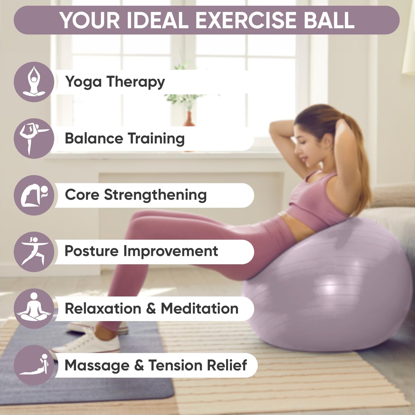 APEXUP Yoga Ball Exercise Ball, Anti Slip Stability Ball Chair, Heavy Duty Large Gym Ball for Fitness, Balance, Core Workout and Physical Therapy (S (15"~18") 45cm, Mauve)
