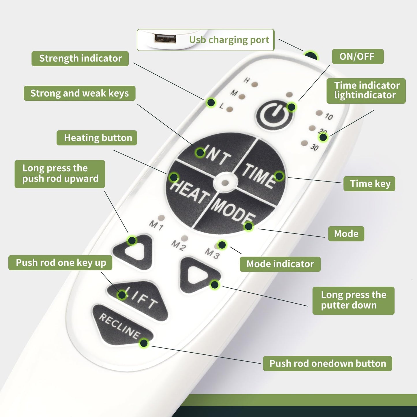 ALLCSM 5 Pin Female Plug DN-34A 9 Button Recliner Remote Controller for Heat Vibration & Up/Down, 3 Vibration Mode & 3 Massage Time Option with 1 USB Charging Port Circuit Board Inside Code DN-34A