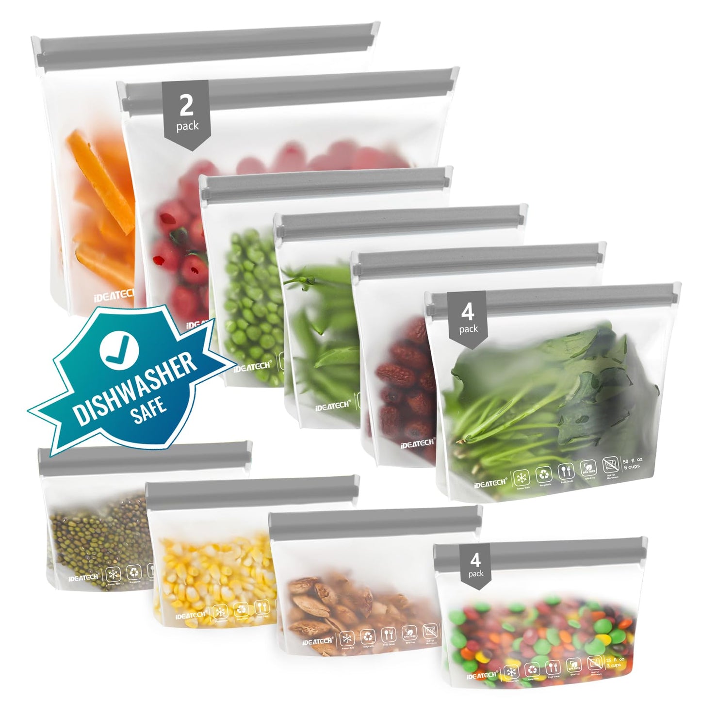 IDEATECH 20Pack Reusable Bags Dishwasher Safe, Leakproof Reusable Freezer Bags, BPA Free Healthy Food Storage Contaizers Sandwich Snack Baggies for Lunch Travel(8 Gallon 6 Quart 6 Snack,Colored)