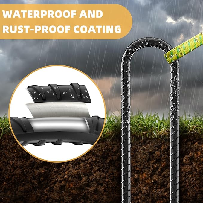 12inch Rebar Stakes, 4 Pack U Hook Ground Anchors, Heavy Duty Rust Proof Coated Steel Ground Stakes Ground Anchors, Garden Stake Metal Stakes Tent Stakes Trampoline Anchors Trampoline (Black)