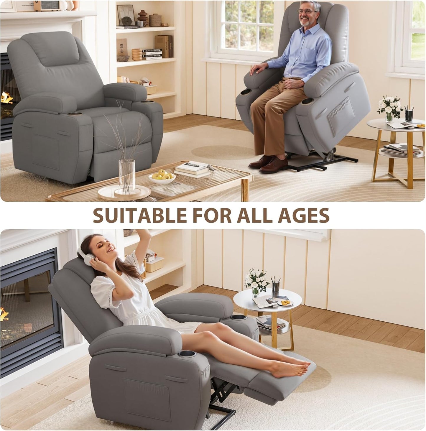 Flamaker Power Lift Recliner Chair with Massage Ergonomic Recliner Chair for Elderly People, Single Sofa with Cup Holders, Side Pockets