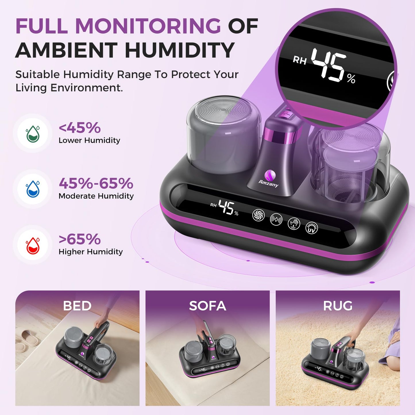 Amzany Mattress Vacuum Cleaner - 5-in-1 Cordless Bed Vacuum Cleaner, Powered by Ultrasonic Technology, 16Kpa Strong Suction,Low Noise,Suitable for Dust, Pet Hair, Etc - Grey