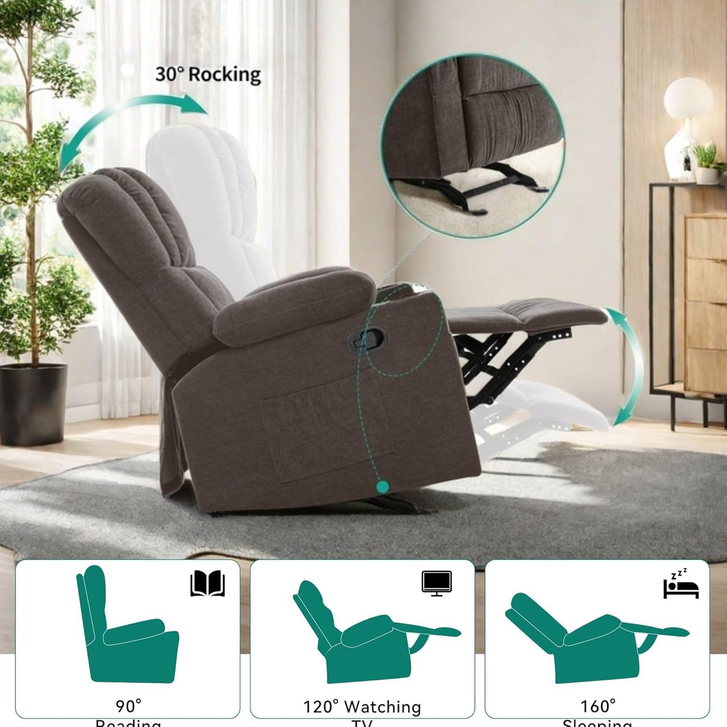 YITAHOME Glider Rocker Recliner Chair with Massage & Heat, 160° Manual Rocking Recliner Chair with USB Ports, Cup Holders & Side Pockets, Fabric Reclining for Elderly, Brown