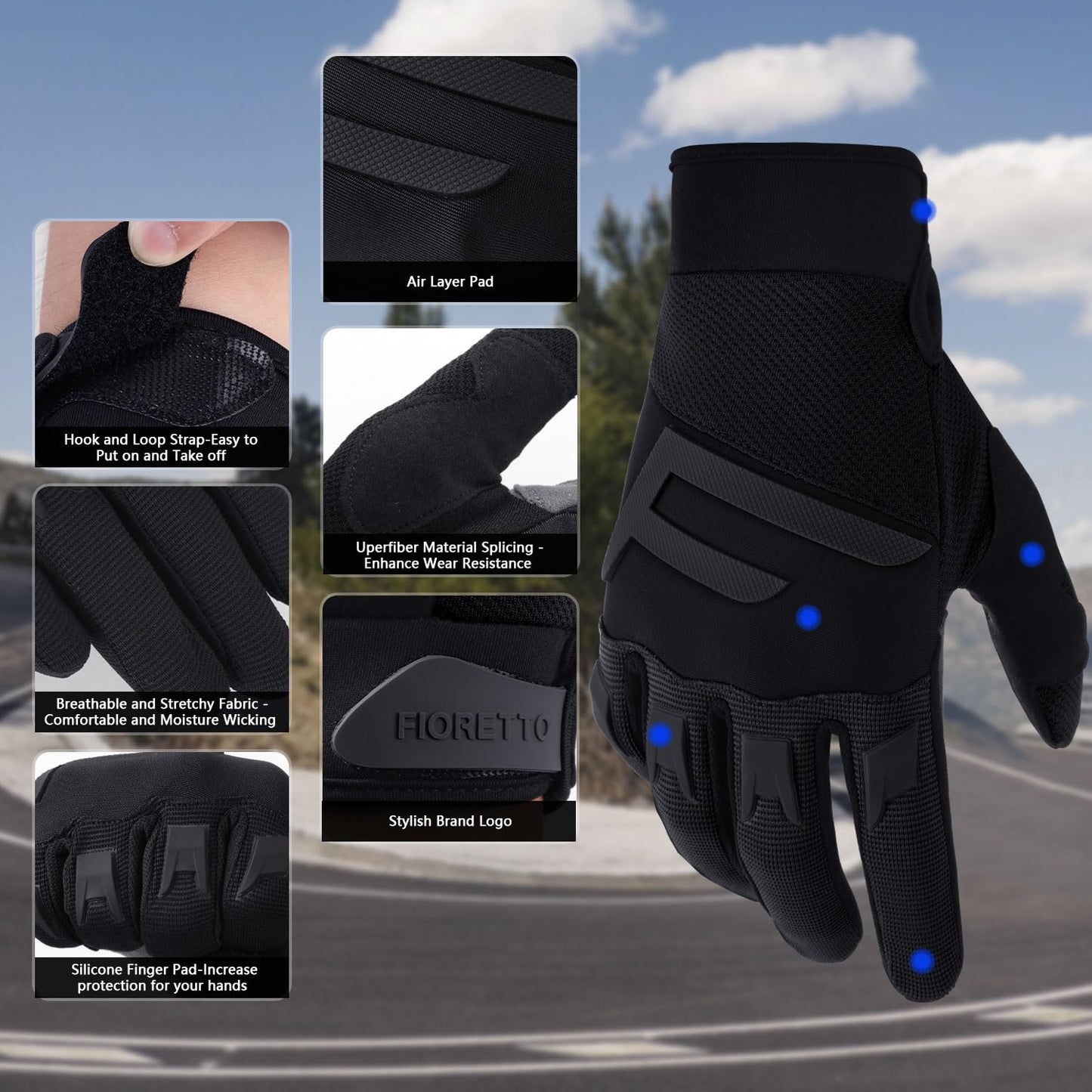 FIORETTO Mens Mountain Bike Gloves with 5MM Padded Knuckle Guard Touchscreen Cycling Gloves for MTB Racing Dirtbike Motocross Motorcycle Black Medium