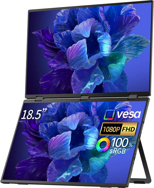 sibolan 18.5" Dual Screen Portable Monitor Set 100Hz, 100% sRGB, 1080P HDR - 330° Rotation, Folding Design, Versatile Solution for PC, Mobile Phone, Game Console, Including Stand, Plug and Play