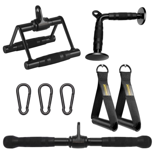DYNASQUARE Cable Attachments for Home Gym, Made of Heavy Duty Solid Steel, LAT Pulldown Attachment, Weight Machine Accessories, Straight Pull Down Bar, Tricep Rope, Exercise & Double D Handle