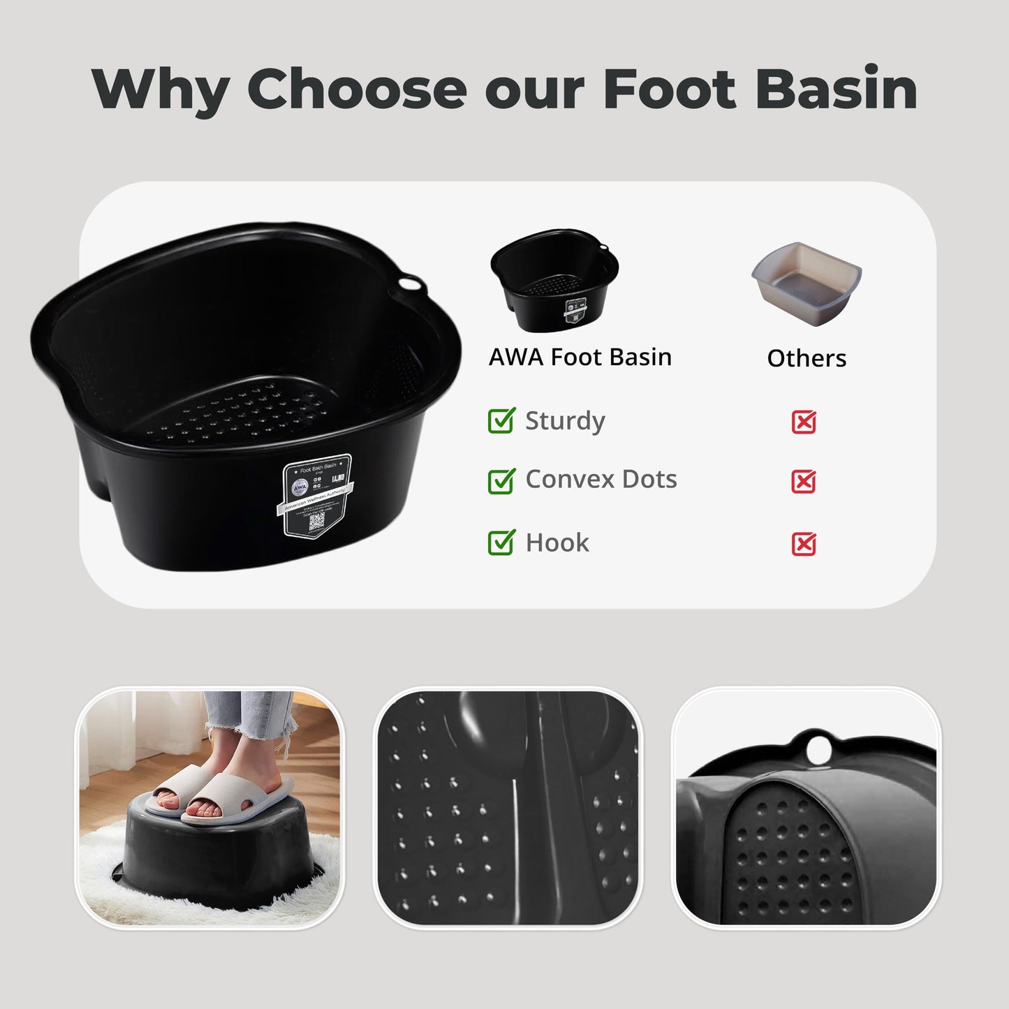 American Wellness Authority AWA Extra Large foot bath basin - Sturdy plastic soak tub For Soaking feet and Pedicure At Home Spa Kit Women Men (Grey Basin), 1.0 Count