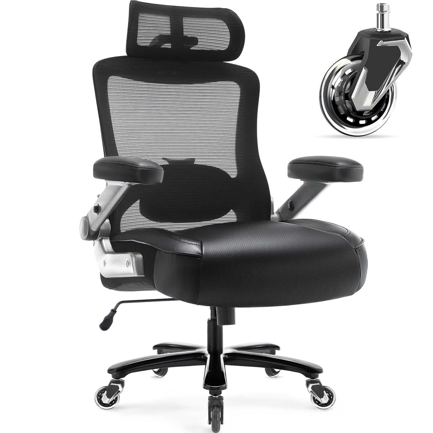 Big and Tall Office Chair 600lbs with 3D Flip Arms Adjustable Headrest - Heavy Duty Large Wheels Executive Computer Desk Chair, Ergonomic Lumbar Support Mesh High Back Plus Size Chair for Adults