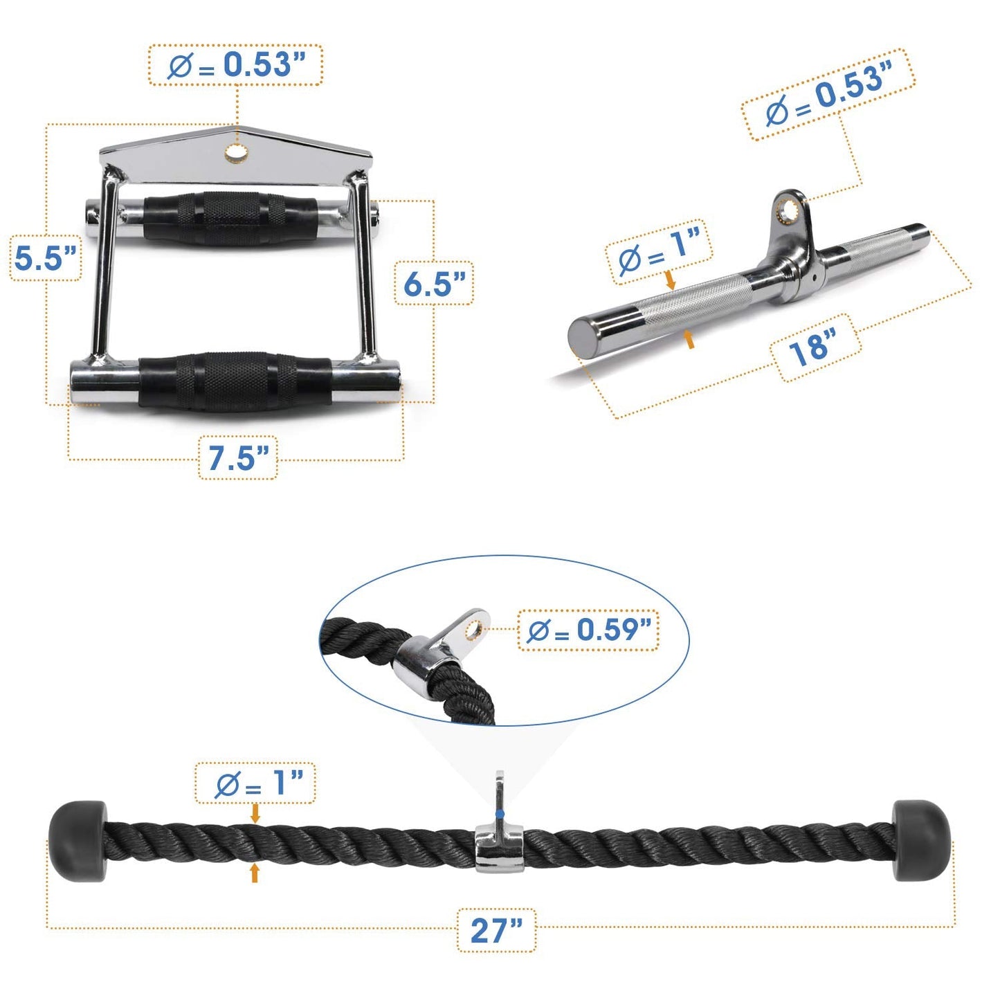 Yes4All Double D Row Handle Cable Attachment – Non Slip Handle & 360° Steel Swivel (Optional) (I - Double D Handle+TricepRope+Vshapped bar)