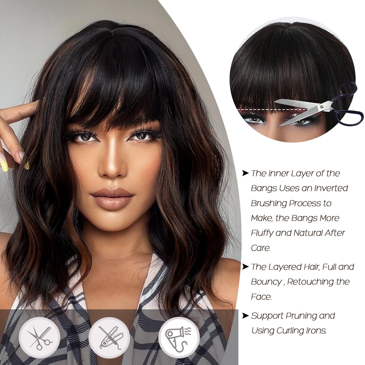 Allbell Black mixed Auburn Wigs for Women Short Wavy Bob Wig with Bangs for Women Synthetic Short Curly Wave Wigs Heat Resistant Fiber Hair Wigs for Daily