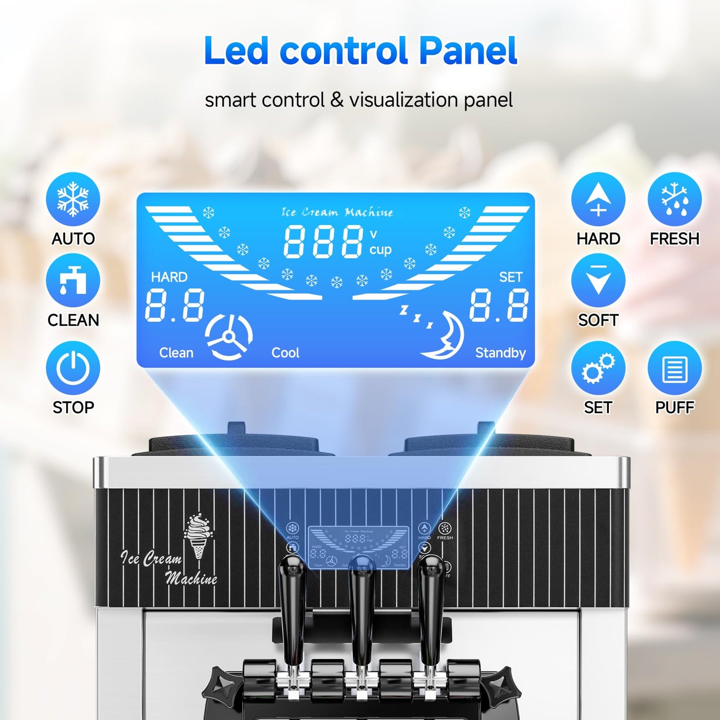 EKway Soft Serve Ice Cream Machine,28 QT/H Yield 2450W Vertical Commercial Ice Cream Machine With 2x6L Hopper 3 Dispensers,LCD Panel Auto Clean Pre-cooling,Frozen Yogurt Maker for Restaurant Snack Bar