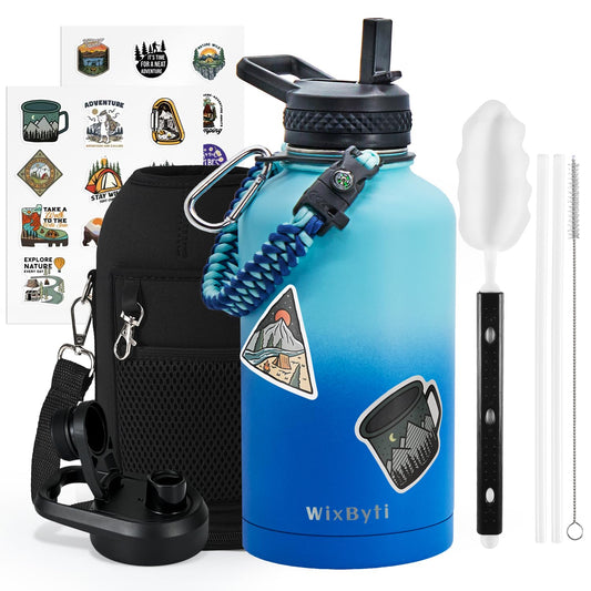 WixByti 64 oz Insulated Water Bottle with Straw (Cold for 48 Hrs), Half Gallon Stainless Steel Triple Wall Vacuum Sports Water Jug, Leakproof Hydro Cup Flask with Straw Spout Lids & DIY Stickers