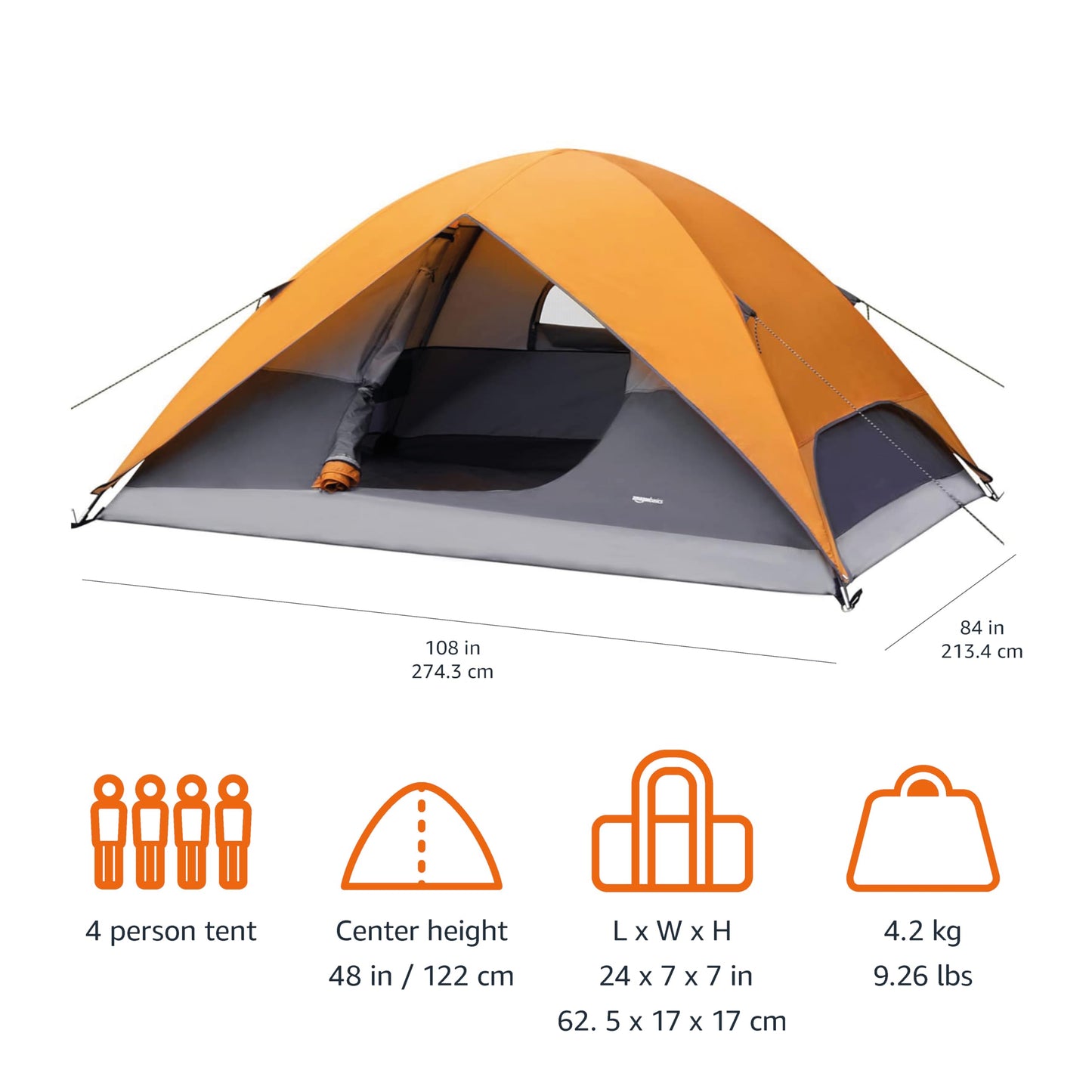 Amazon Basics 4-Person Camping Tent, 3-Season Dome Design with Rainfly, Orange/Grey