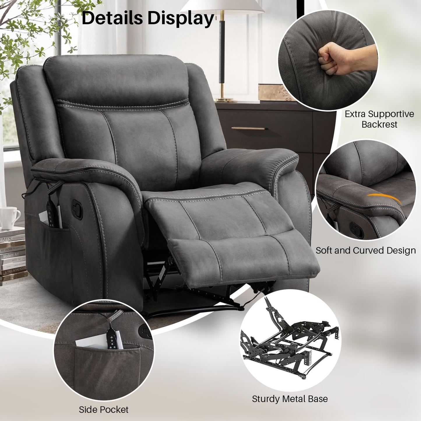 BAMCANFUR Massage Recliner Chair with Heated, Faux Leather Recliner Chairs for Adults, 39" Wide Manual Reclining Ergonomic Lounge Chair for Living Room with Overstuffed Backrest, Side Pocket, Grey