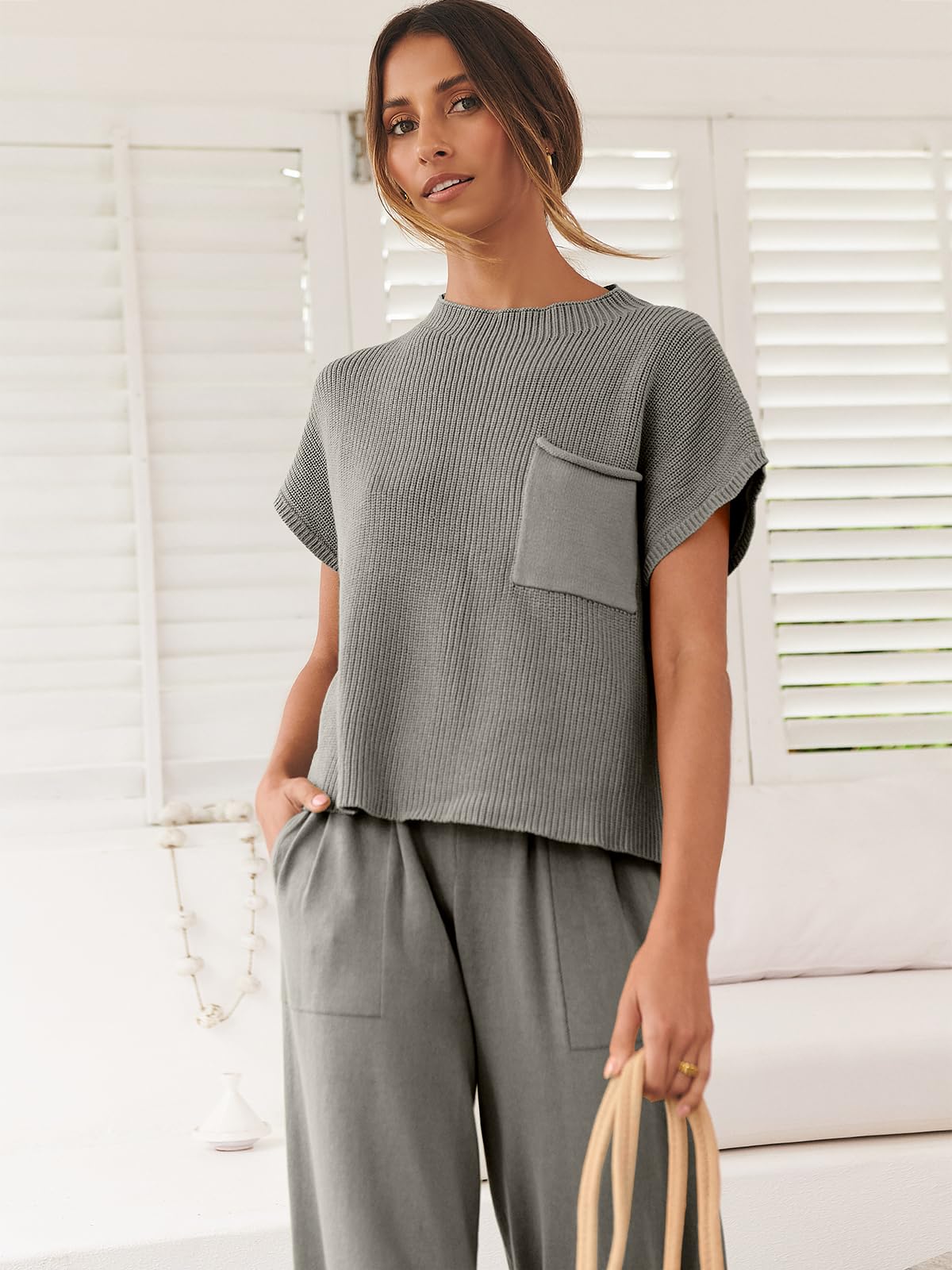ANRABESS Women's Two Piece Outfits Knit Sweater Pullover Crop Top & Pants Lounge Matching Tracksuit Sweatsuit Sets 2024 Trendy Loungewear Clothes Grey X-Small