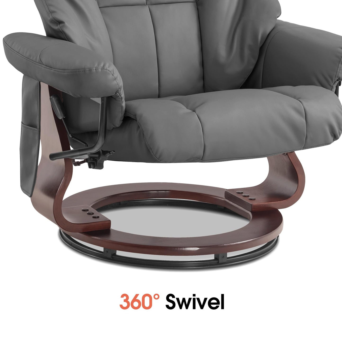 MCombo Manual Swivel Recliner with Ottoman, Reclining Chair with Vibration Massage for Small Spaces, Living Room, Office, Faux Leather 9068 (Grey)