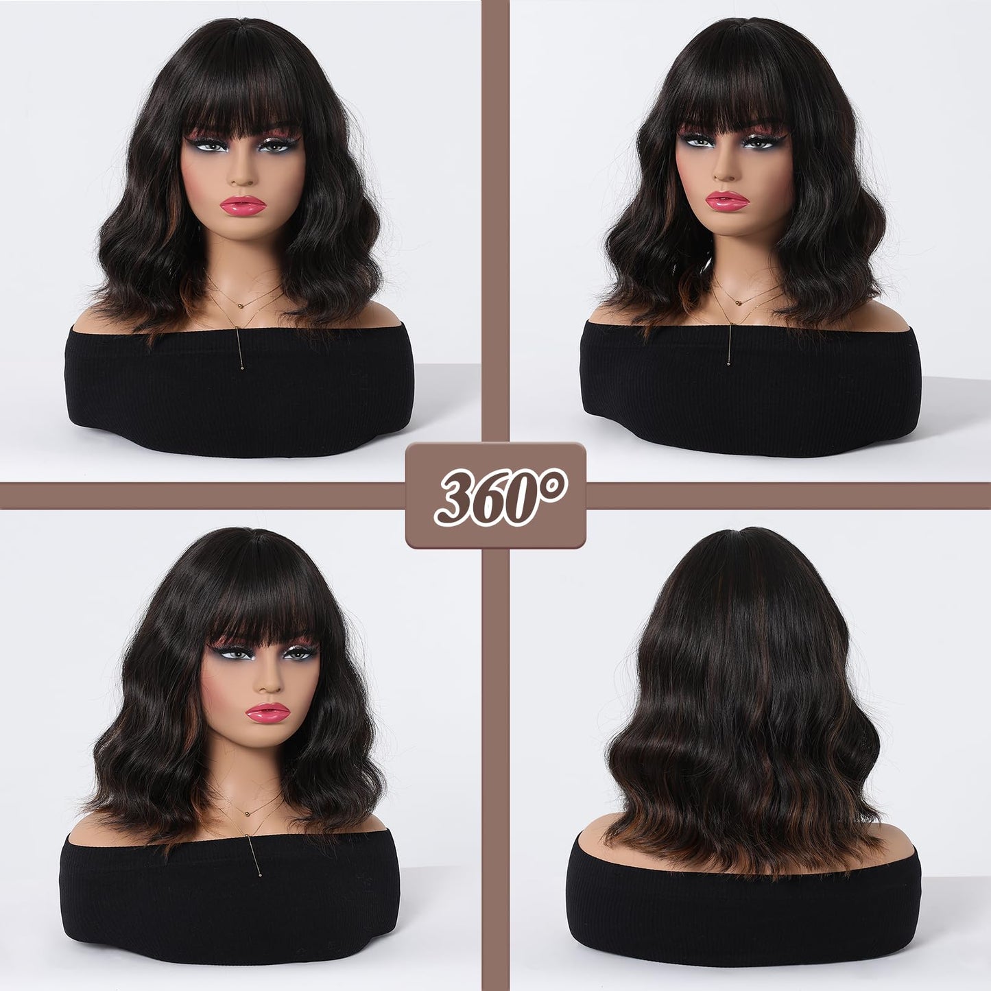 Allbell Black mixed Auburn Wigs for Women Short Wavy Bob Wig with Bangs for Women Synthetic Short Curly Wave Wigs Heat Resistant Fiber Hair Wigs for Daily