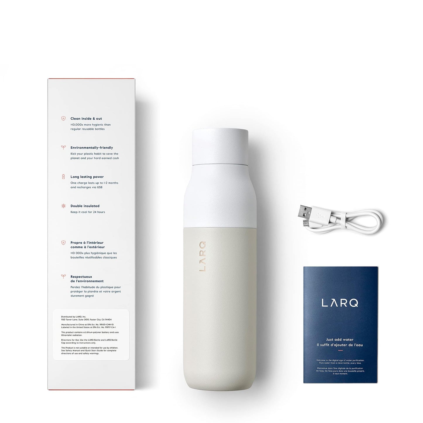LARQ Bottle PureVis 25 oz - Self-Cleaning and Insulated Stainless Steel Water Bottle with UV Water Purifier and Award-winning Design | Reusable & Travel Friendly, Granite White