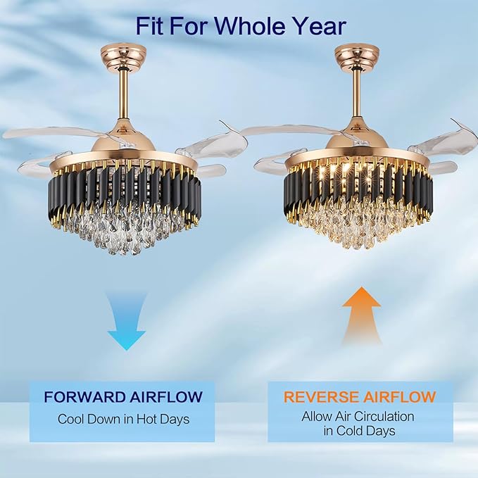 52" Gold Chandelier Ceiling Fans with Lights Crystal Ceiling Fan Chandelier Ceiling Fan with Lights Retractable Blade Fandelier Bladeless Ceiling Fans for Dinning Room Living Room Kitchen Foyer