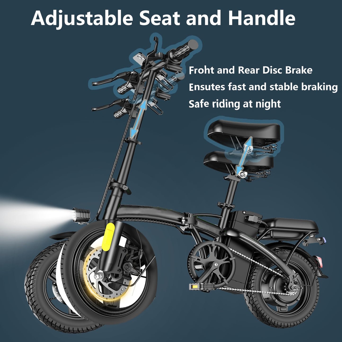 Electric Bike for Adults Peak 500W, 23MPH Max Speed Folding Electric Bicycles, 14" Mini Ebike Pedal Assist, 30° Uphill Shock Absorbers E-Bike, 48V12AH Removable Battery, Top 38 Miles PAS Range