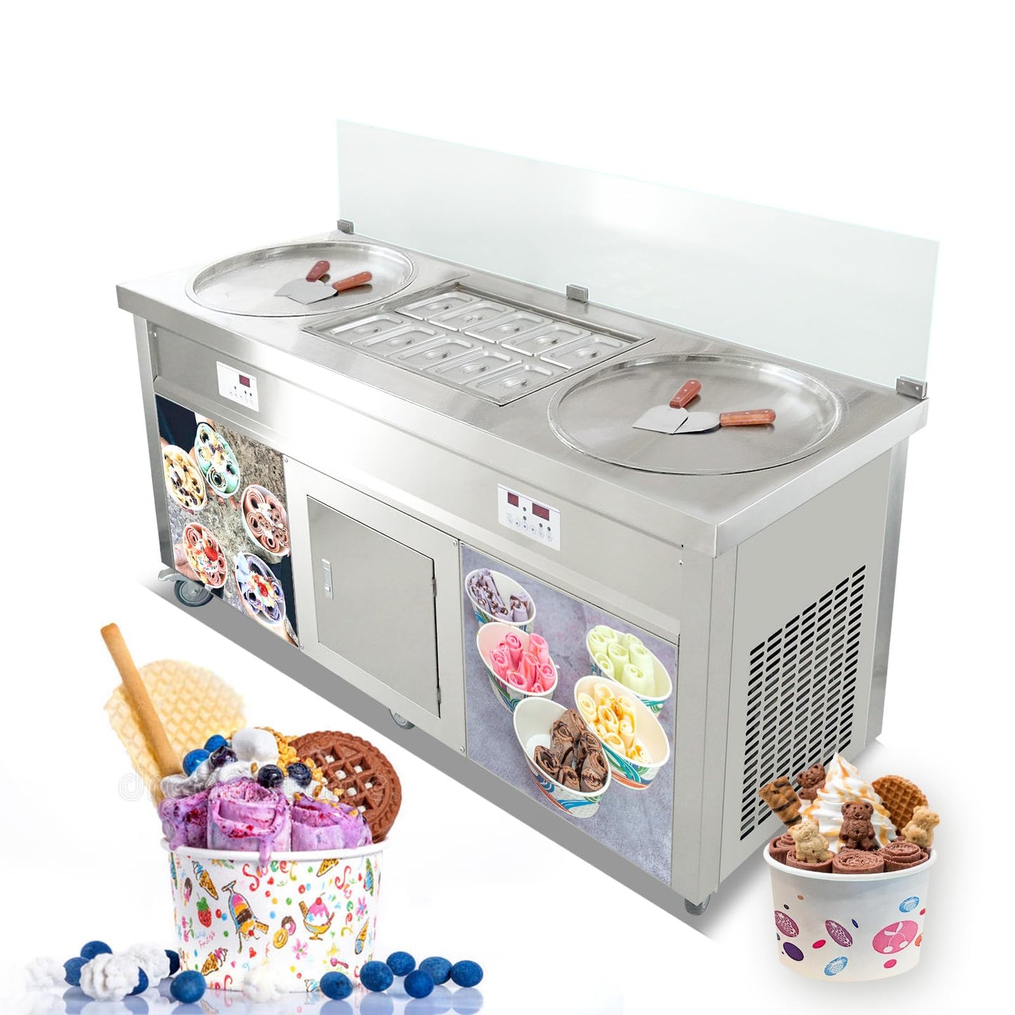 Kolice Commercial 22" Double Round Pans Thai Fried Ice Cream Machine Roll Ice Cream Machine-ETL NSF,Smart AI Temperature Control, Full Transparent Sneeze Guard,10 Refrigerated Small Buckets