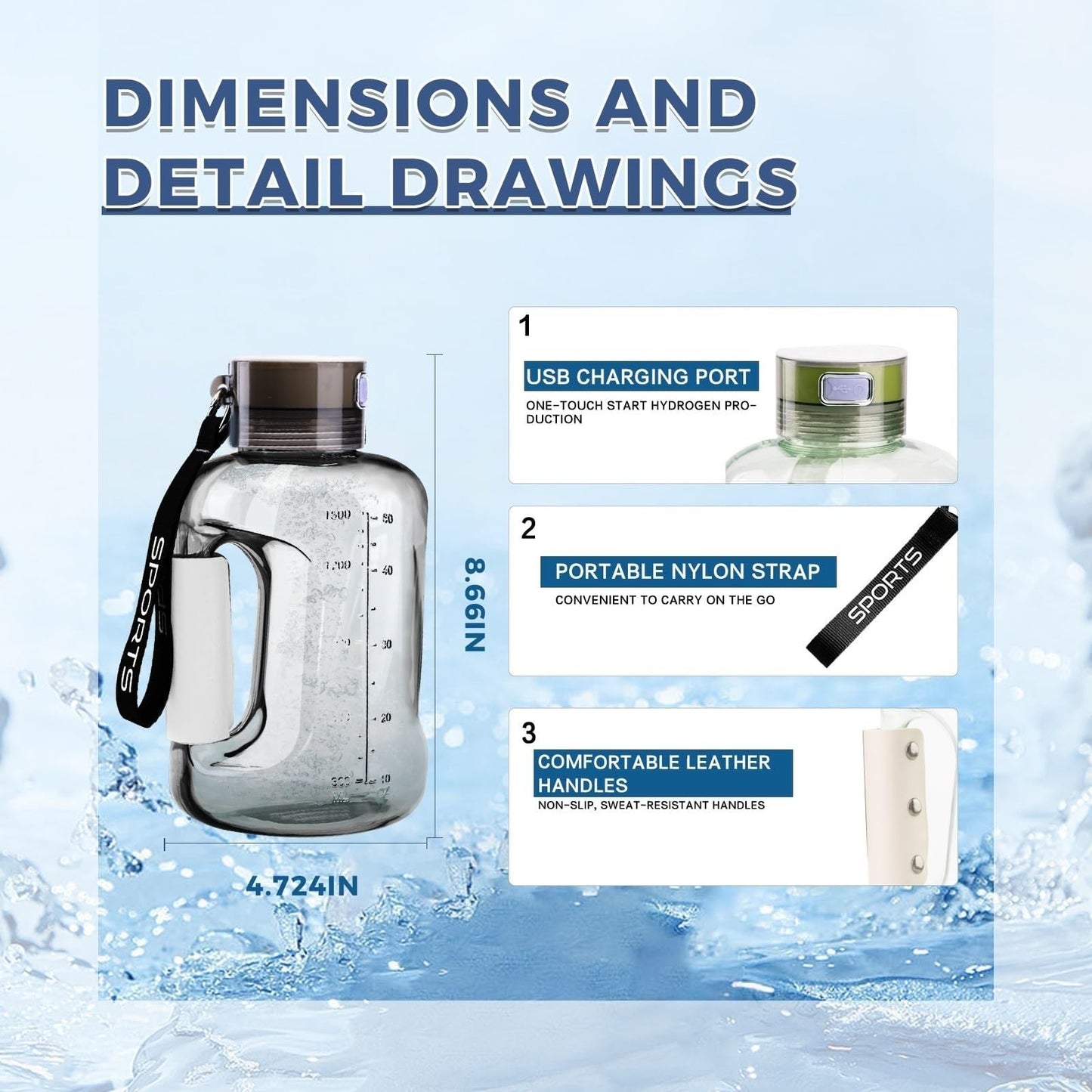 1.5L Large Capacity Hydrogen Water Bottle, USB Portable Hydrogen Water Dispenser, Hydrogen Water Bottle Generator, Hydrogen Water Ionizer Mug, Sports Water Bottle with SPE/PEM Technology Electrolysis,