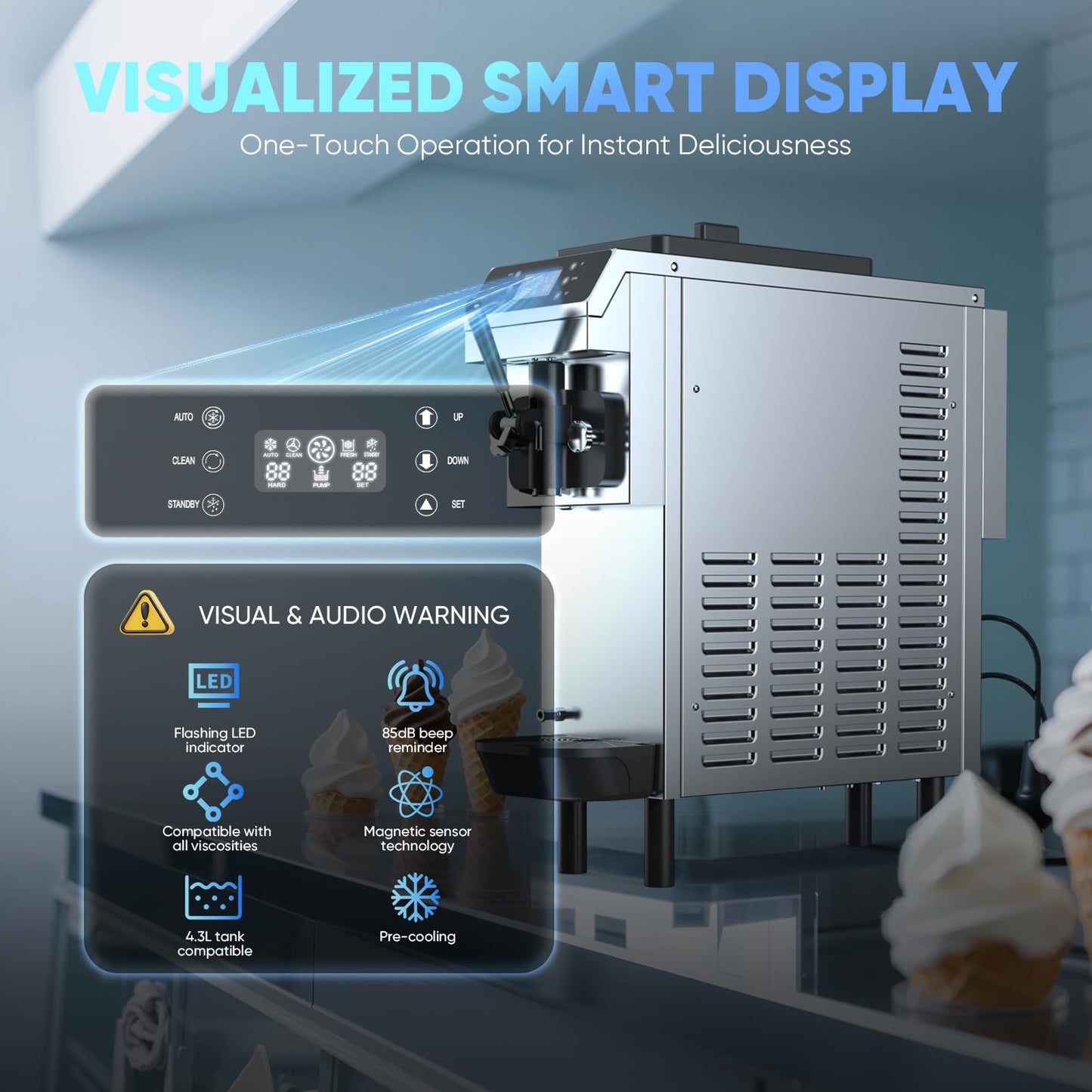 15 QT(≈3.75gal)/H Commercial Ice Cream Maker Machine,100-150 servings, 4.3L 304 Stainless Steel Bowls, 1.6L Freezing Tank, Soft Serve Frozen for Startups & Home Businesses