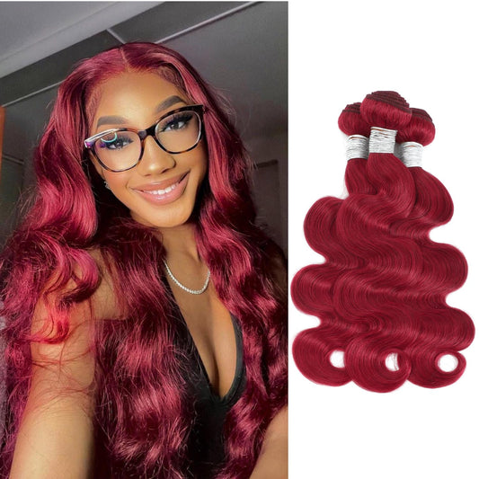 ANMETAN Red Burgundy Bundles Human Hair Body Wave, 10A Colored Bundles Human Hair Body Wave 100% Unprocessed Remy Hair, Thick Burgundy Red Wine 99J Human Hair 3 Wavy Bundles Sew in Weft 12 14 16 Inch