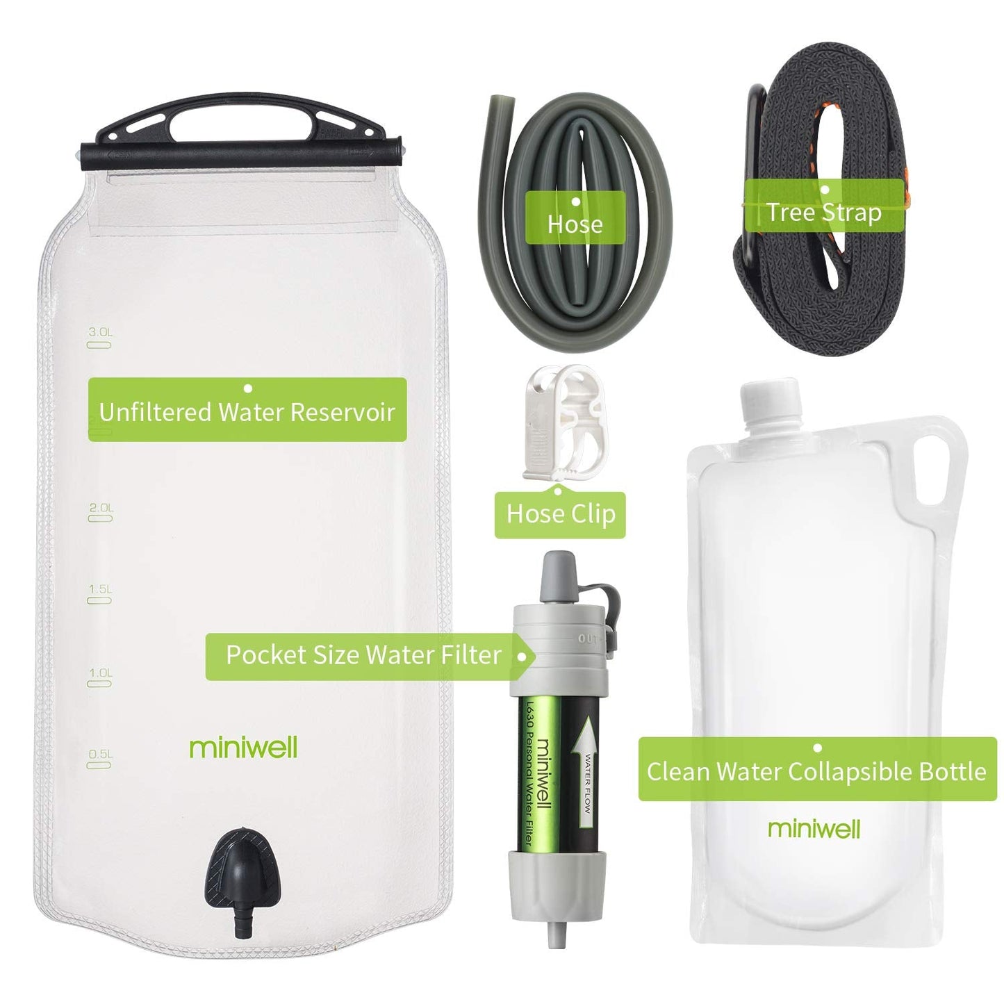 miniwell Gravity Water Filter Ultralight Multi-Purpose Hiking Accessories Optional Emergency kit TUV Certified Hurricane Storm Supplies (Water Filter with Water Tank