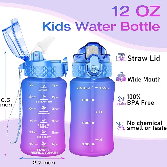 OLDLEY Kids Water Bottle for School, 12 oz (Straw Lid) BPA-Free Reusable Leak-proof Durable Tritan Plastic Water Bottles with One-handed Opening Straw Lids, Anti-dust Spout Cover (Lake)