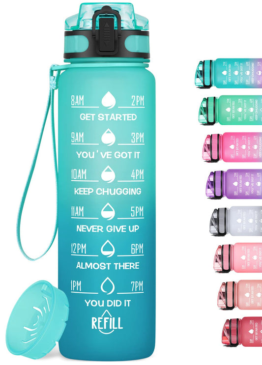 MEITAGIE 1L/750ml Motivational Water Bottle with Time Marker, Leak-proof BPA Free Drink Bottle with Fruit Strainer or straw, Perfect for Fitness, Gym and Outdoor Sports