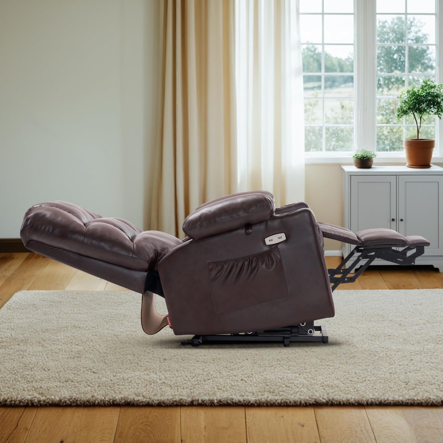 MCombo Large Dual Motor Power Lift Recliner Chair for Elderly, Massage and Heat, Lay Flat, Zero Gravity, Home Button, USB Port, Faux Leather 7680 (Dark Brown, Large)