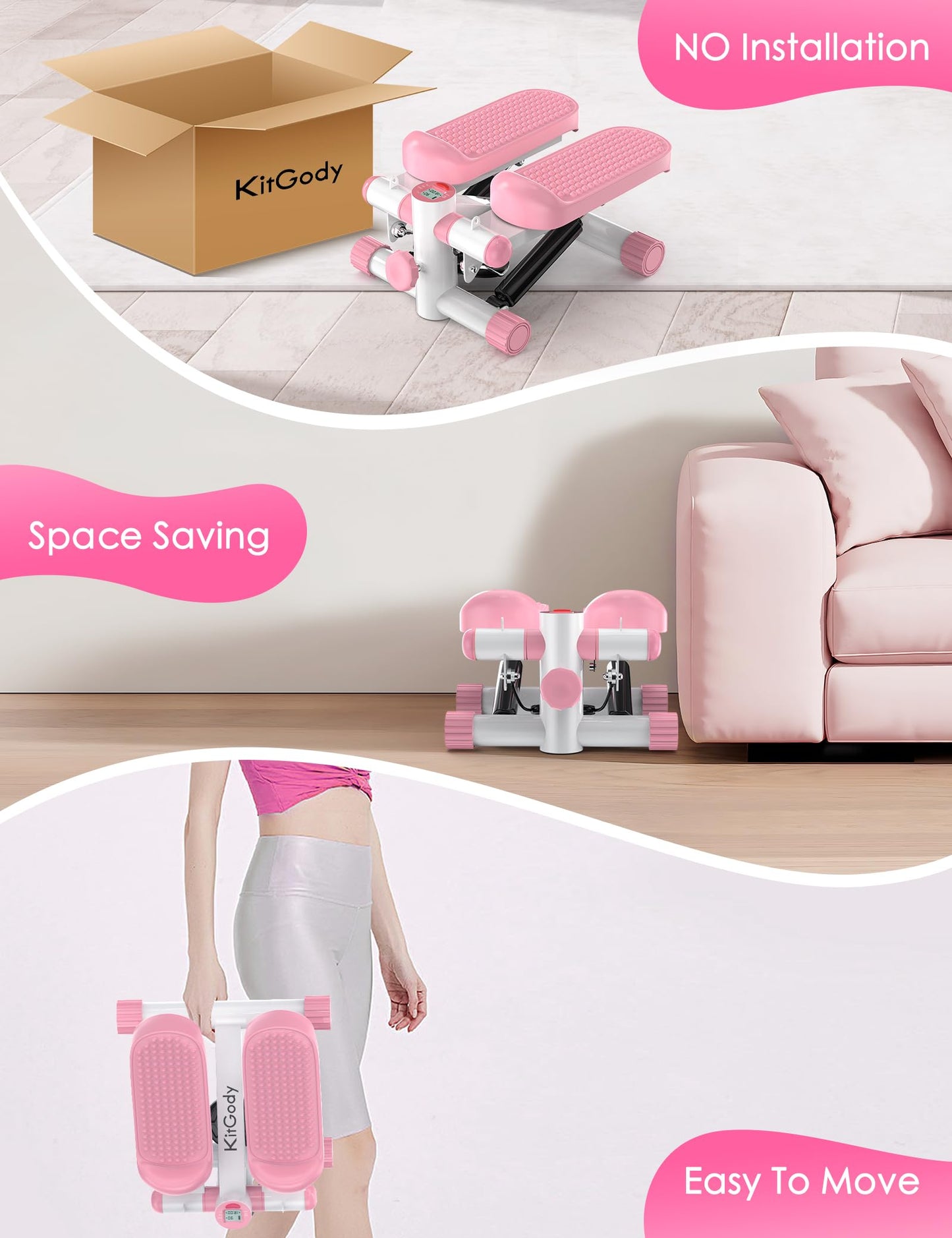 KitGody Steppers for Exercise at Home, Mini Stepper with Resistance Bands 330LBS Capacity, Stair Stepper for Home Full Body Workout Pink Stepper Machine