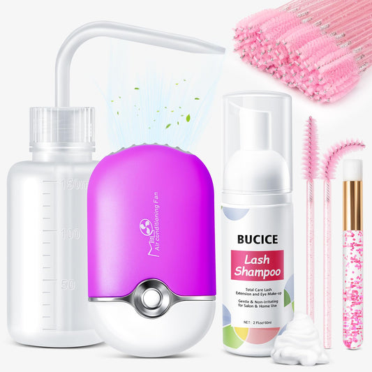 BUCICE Lash Shampoo Kit - Eyelash Extension Cleaning Set with Lash Fan Dryer and Cleanser - Makeup Cleansing Foams for Lash Care and Aftercare, Purple