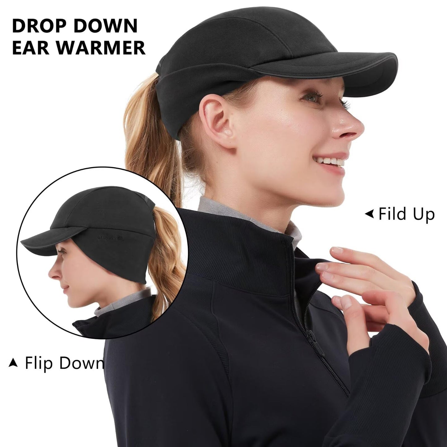 GADIEMKENSD Winter Running Hats Reflective Fleece Ponytail Hat for Women Baseball Caps with Earflap Drop Down Ear Warmer Mens Skull Cap Beanie with Visor Cold Hat for Outdoor Hiking Snow Ski Black