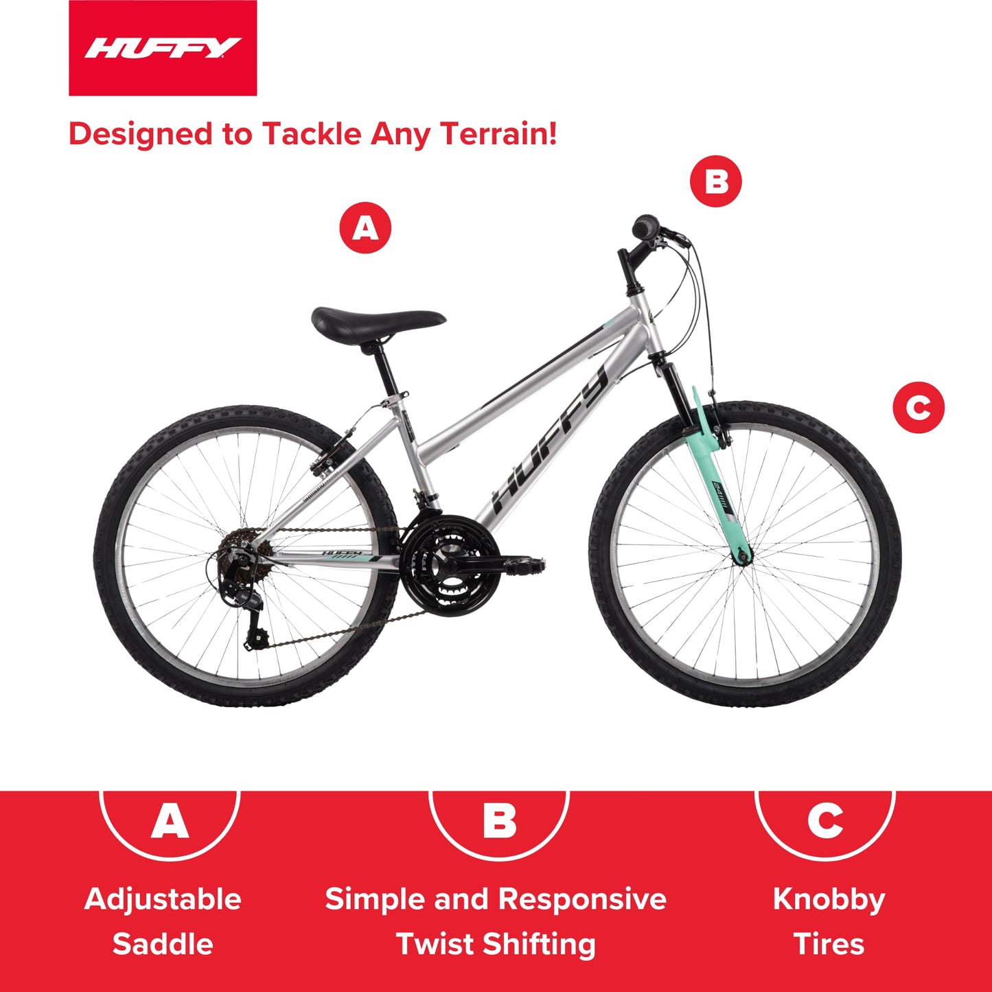 Huffy Stone Mountain Womens 24 Inch Mountain Bike, Metallic Nickel Frame, 21-Speed Shimano Twist Shifting, Front Suspension, Comfort Saddle | 20"/24"/26" Sizes, 6-21 Speeds, Dual Suspension Available